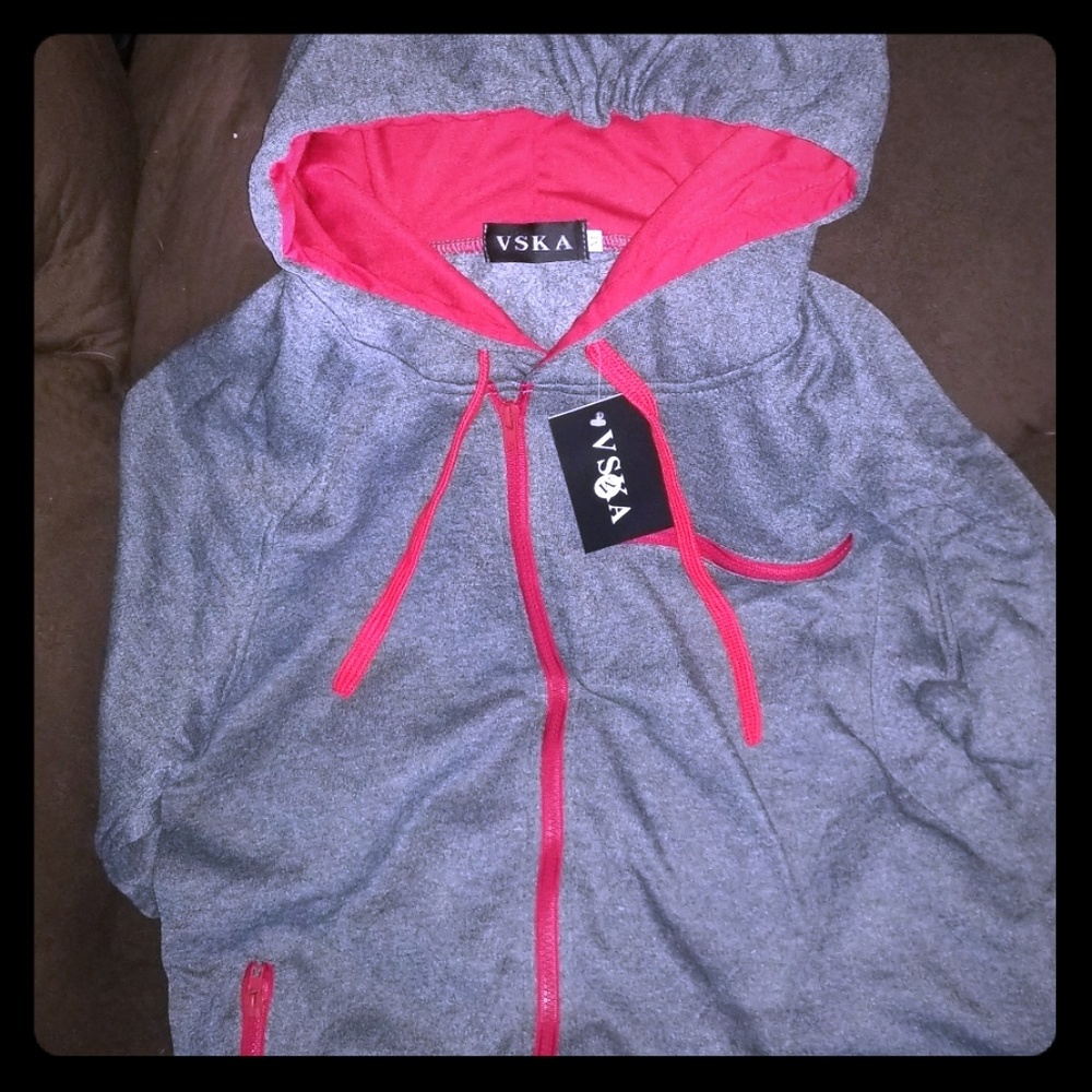 Grey Hoodie Sweatshirt/Red Zippers